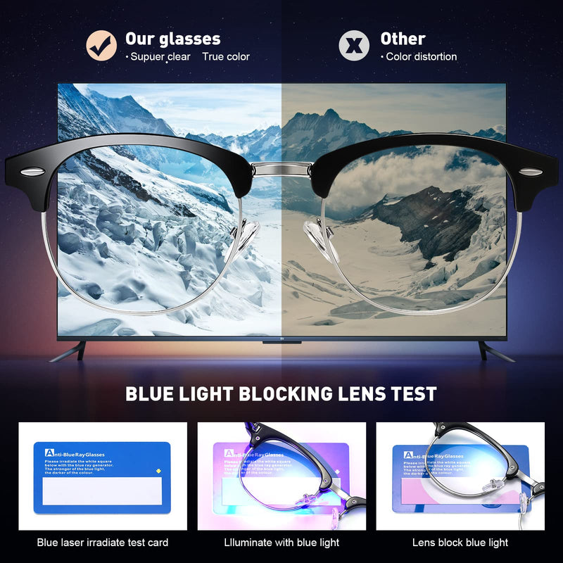 Blue Light Blocking Glasses Vintage Half Frame UV Clear Lens Anti Eyestrain Computer Gaming Glasses for Women Men A01-matte Black Silver Frame