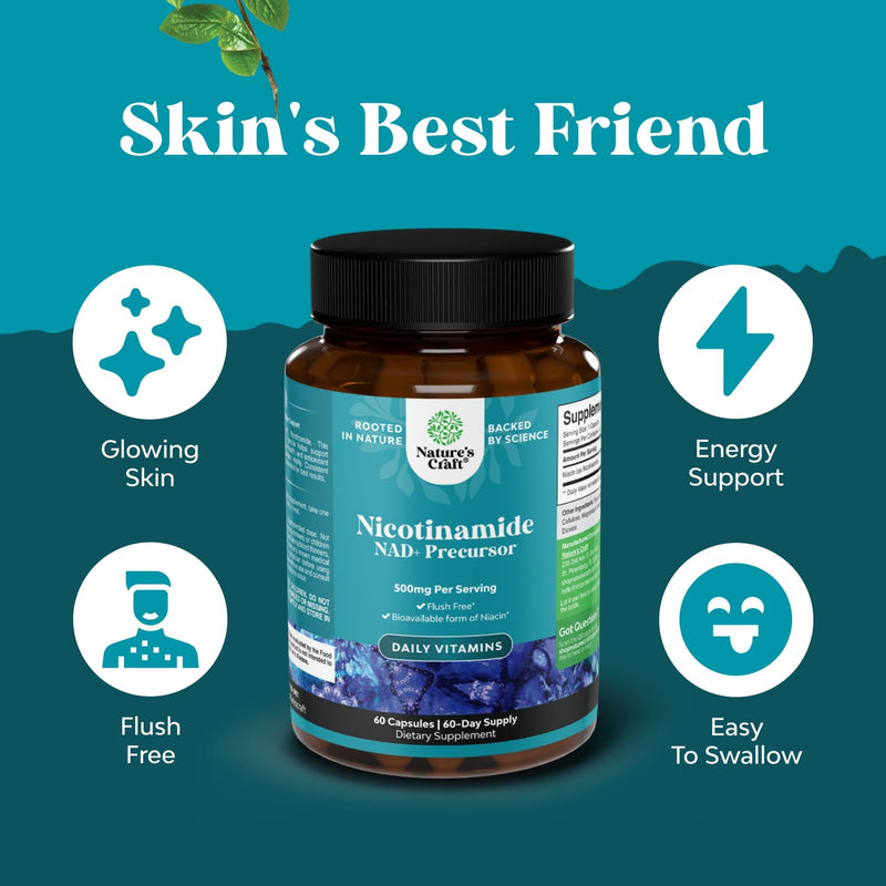 Vitamin B3 Niacinamide 500mg Capsules - Mitochondrial Energy and Potent Skin Supplement - Vitamin B3 Niacin Flush Free and Nicotinamide 500mg - Flush Free Niacin Supplement - 60 Count 60 Count (Pack of 1)
