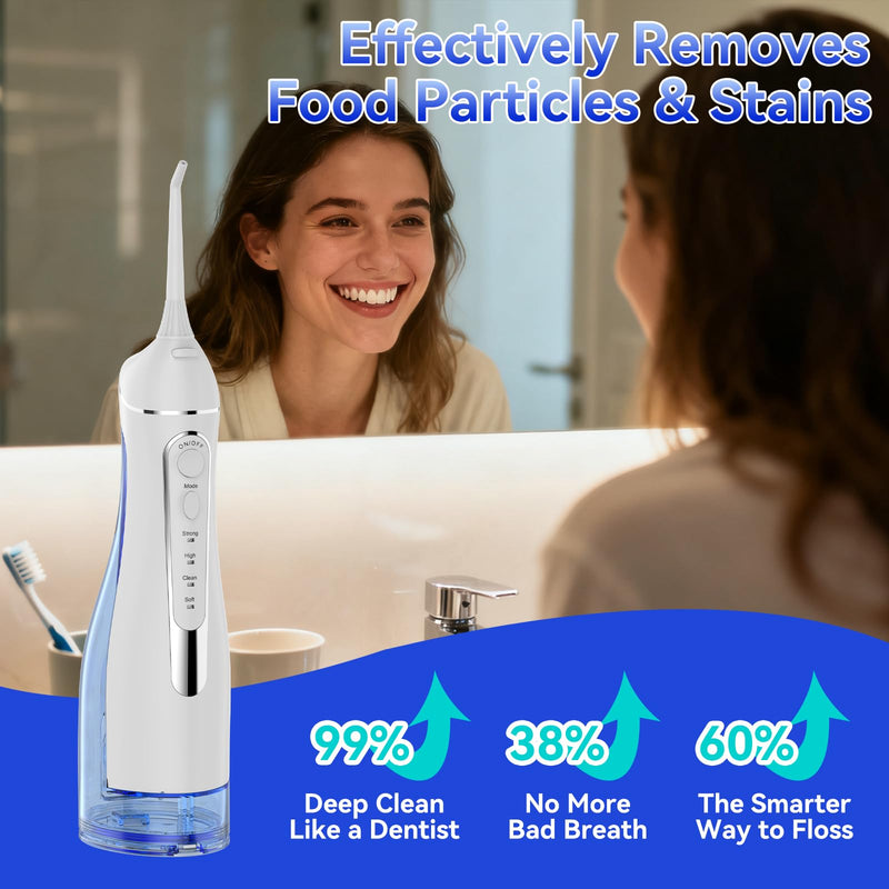 Water flossers for Teeth Pick, Portable Oral Irrigator Dental with 4 Modes 5 Jet Tips, IPX7 Rechargeable Water Tooth Flosser for Braces Sensitive Gum Care，300ml Tank for Home Travel Use White