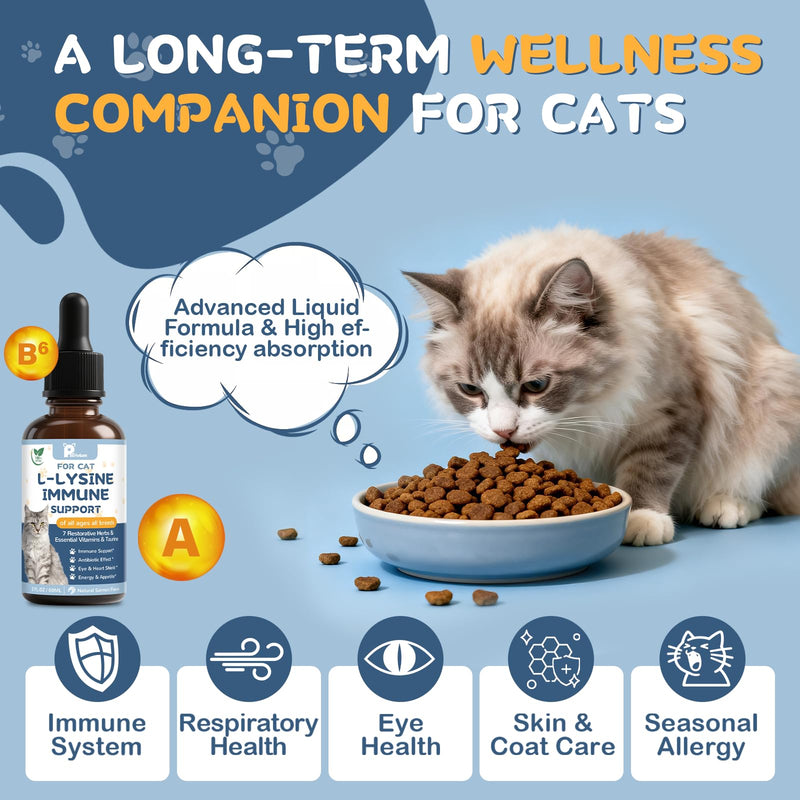 L-Lysine Supplement for Cats - Vitamins & Taurine for Immune Support & Allergy Relief - Lysine for Respiratory, Sneezing, Runny Nose, Eye Function - Natural Cat Antibiotic Drops - 60ML Slamon Flavor