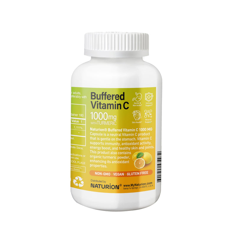 Buffered Vitamin C 1000 mg with Organic Turmeric - Antioxidant & Immune Support - Healthy Skin & Joints - Gluten & Dairy Free - 180 Vegan Capsules, 180 Day Supply 180 Count (Pack of 1)