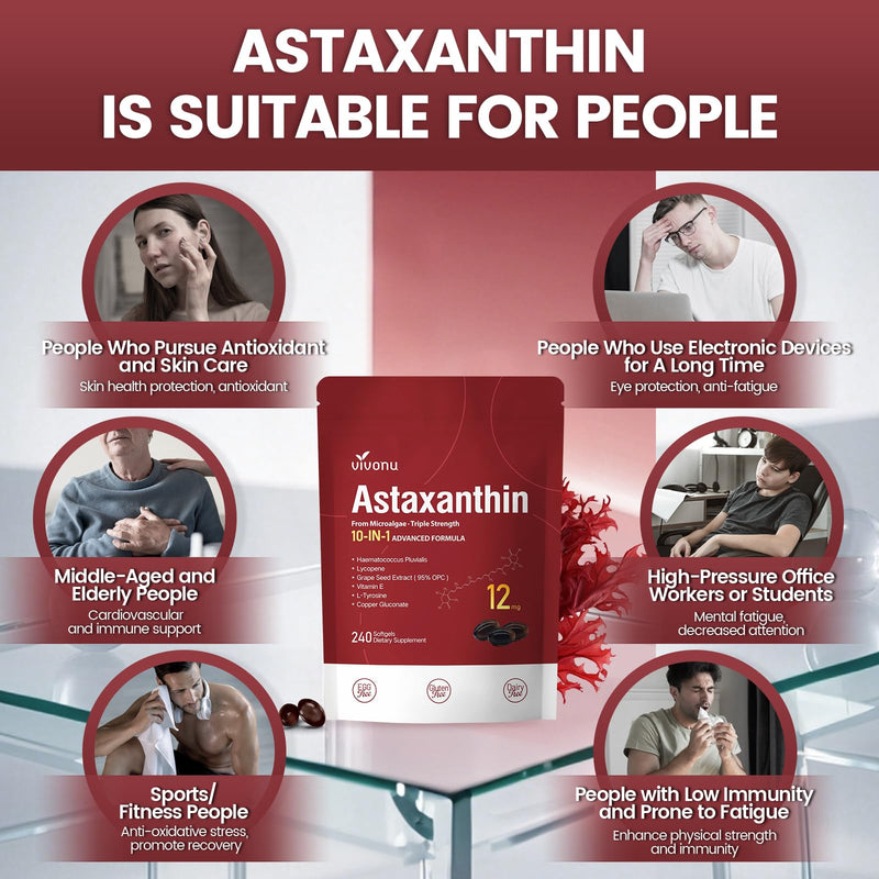 Astaxanthin 12mg, 240 Softgels, Fresh Haematococcus Pluvialis 10 in 1 Astaxanthin Antioxidant Supplements, Contains Lycopene, Grape Seed, Vitamin E, & More Supports Eye, Joints, Skin Health, 1 Bag Red: 1 Bag - BeesActive Australia