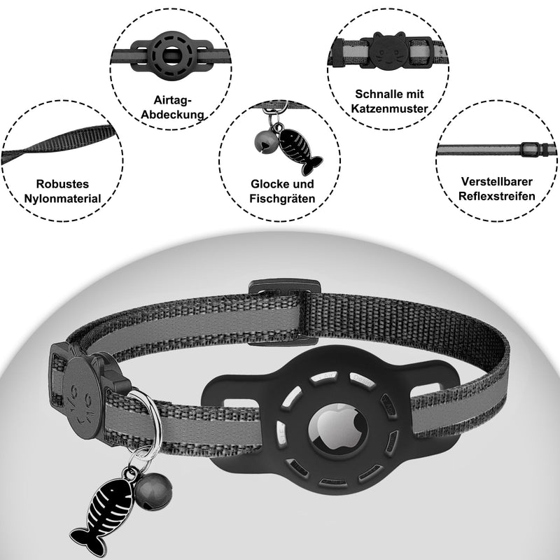 Diyife Airtag Cat Collar, [Pack of 2] Reflective GPS Lightweight Tracker Cat Collars with Airtag Case, Quick Release, Bell, 20-33 cm Adjustable for Cats Kittens, Black - BeesActive Australia