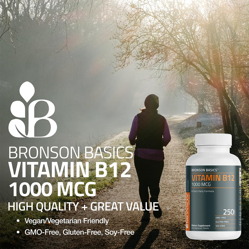 Bronson Vitamin B12 1000 mcg Once-Daily Formula, 250 Vegetarian Tablets | Energy Support, B12 as Cyanocobalamin, Daily Maintenance, 250-Day Supply, Vegan, Non-GMO, Gluten-Free & Soy-Free
