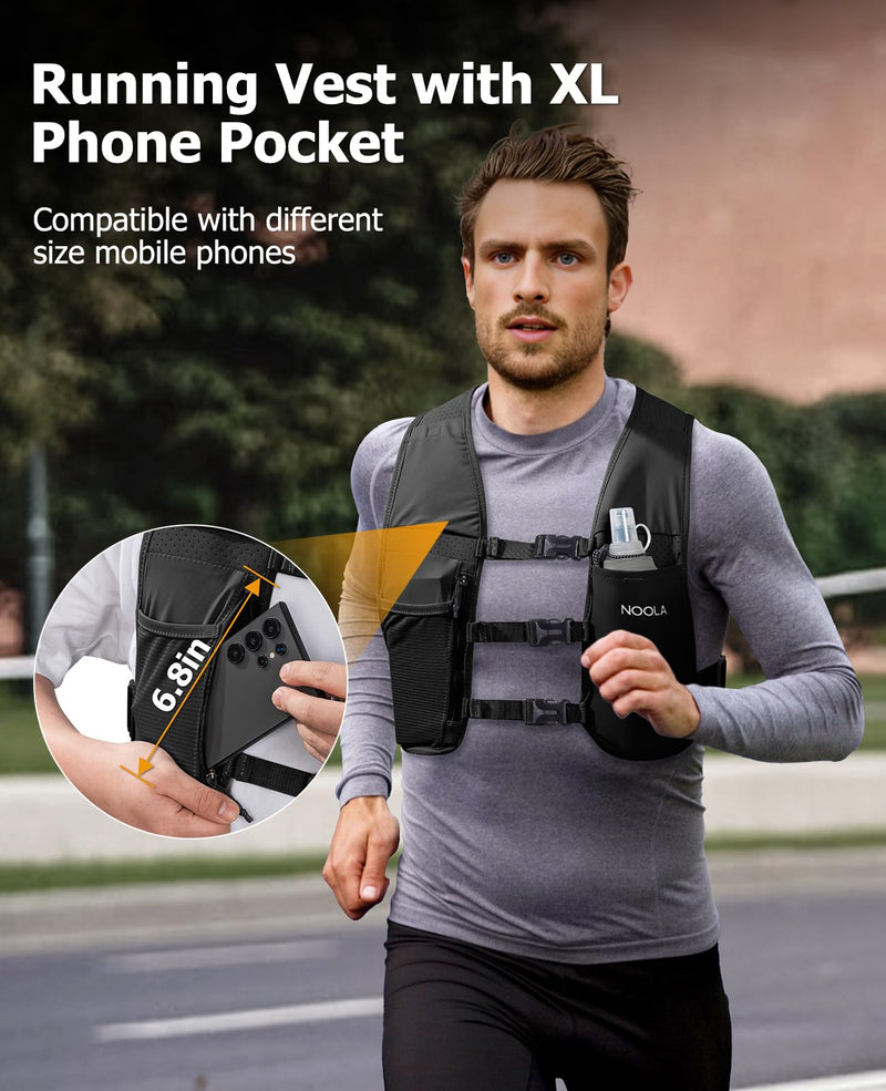 NOOLA Running Vest for Men Women, Adjustable Running Hydration Vest with 500ml Soft Flask, Water Backpack with Phone Holder Black