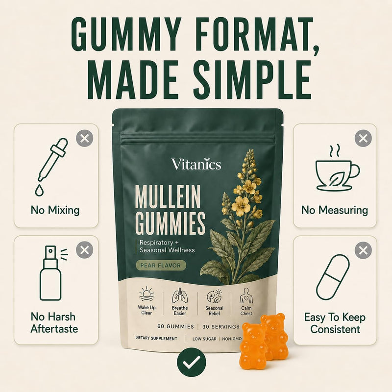 Vitanics Mullein Gummies with Quercetin and Bromelain, 60 Count | Mullein Leaf Extract for Lungs, Ashwagandha and Vitamin D3 in Pear-Flavored Gummies, Daily Respiratory Wellness
