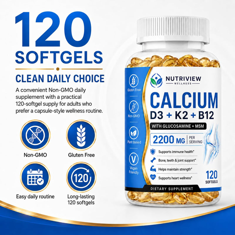 Nutriview Calcio D3 K2 B12 Softgels, 2200mg Calcium Supplement with Vitamin K2, D3, B12, Glucosamine &Chondroitin, Bone, Teeth & Muscle Function Support, Non-GMO, 120 Softgels