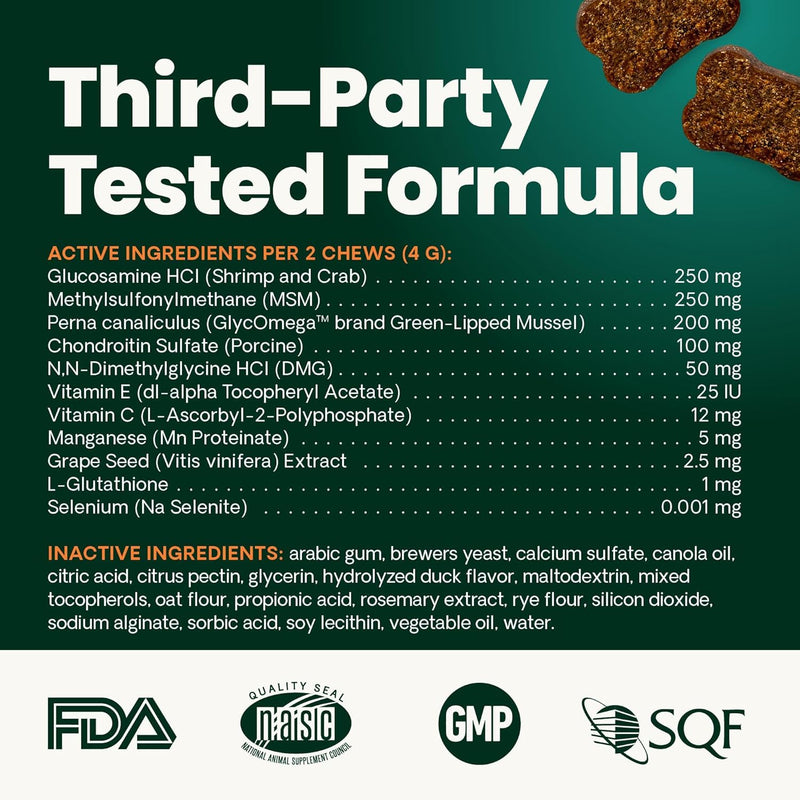 VetriScience Ultimate Strength Healthy Hip & Joint Chews, GlycoFlex Glucosamine, Chondroitin and Green-Lipped Mussel Joint Supplement for Small Breed Dogs, Soothe Joint Discomfort, Duck, 60 Count Small Breed - Ultimate Strength