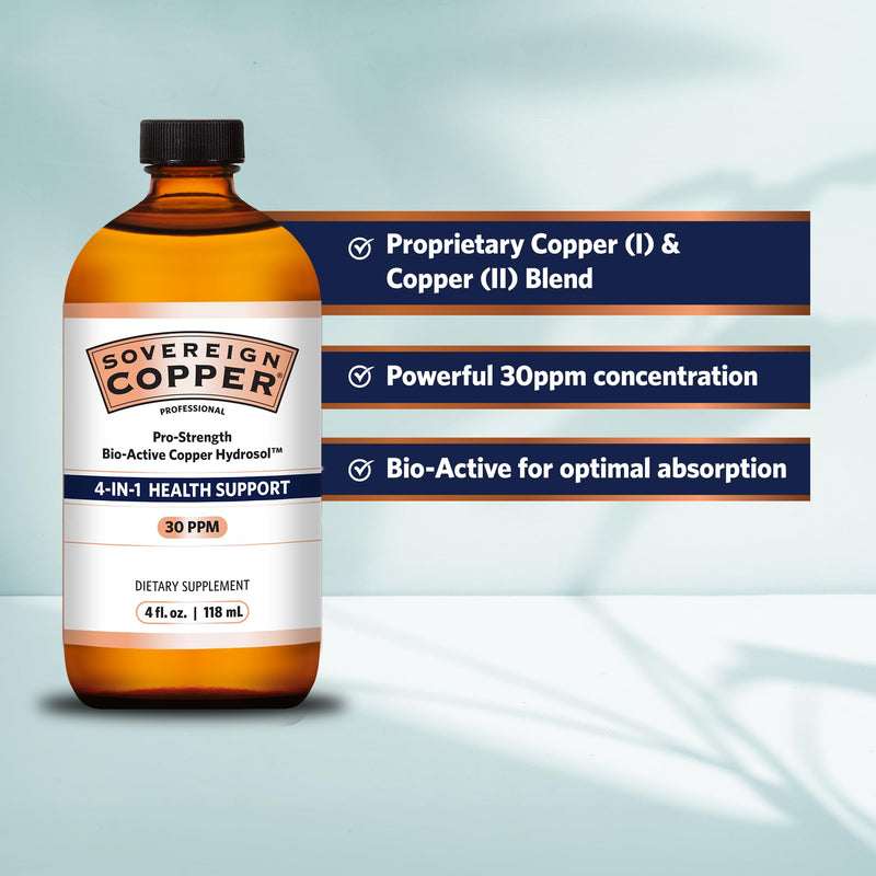 Sovereign Pro-Strength Bio-Active Copper Hydrosol - Bioavailable Copper Liquid Supplement for Adults & Kids w/Silver Hydrosol for Hair, Skin, & Nails, 30ppm - 4 fl oz (118mL)