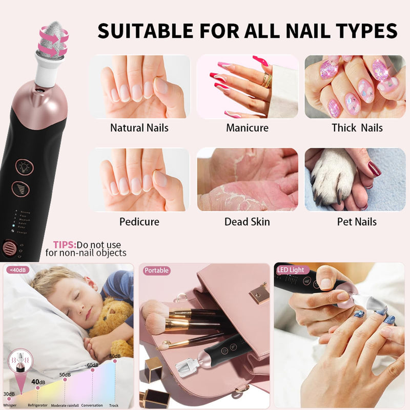 Professional Manicure Pedicure Kit, Cordless Electric Nail File Set, Rechargeable Pedicure Tools for feet, 5 Speeds Hand Foot Care Nail Drill for Thick Nail Toenail Cuticle Women Men Baby Pets Black