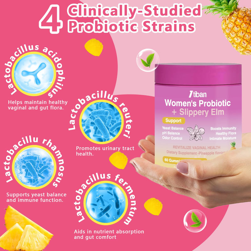 Feminine Vaginal Probiotics Gummies, Supports pH Balance & Digestive Health, Slippery Elm for Women, Suagr-Free, Veagn, Pineapple Flavor, 60 Count Pink-60count