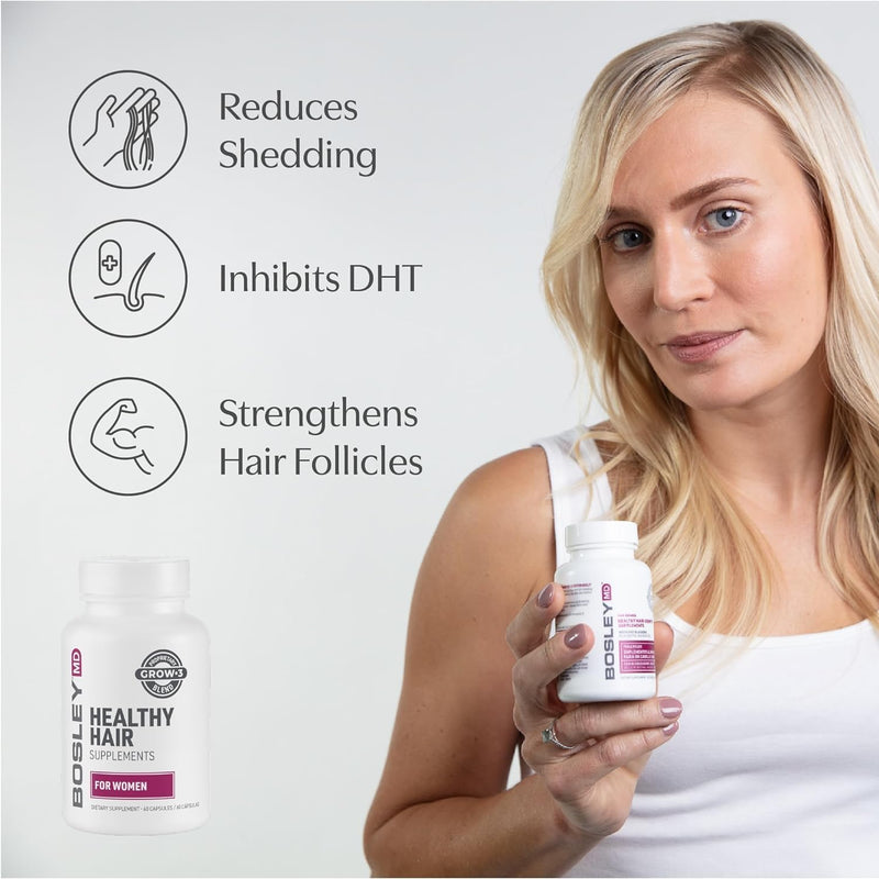 BosleyMD Women’s Healthy Hair Growth Supplements for Thicker, Fuller Hair– DHT-Blocking Botanicals with Biotin, Niacin, Zinc & L-Lysine – Rich in Vitamins & Minerals – 60 Capsules (2-Month Supply) Women's Supplement With Biotin (Raspberry Pink)