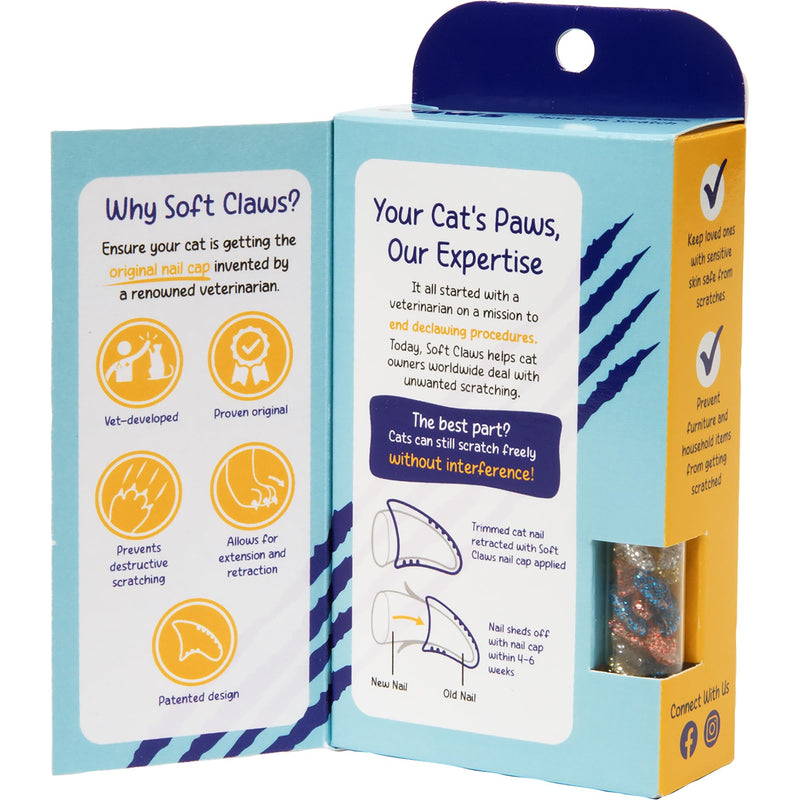 Soft Claws Nail Caps for Cats Made in USA - 40 Cat Claw Caps for 4-6 Weeks of Protection - Long-Lasting Cat Scratch Deterrent for Furniture - Sparkle Variety (Pink, Gold, Silver & Blue), Small Sparkle Variety (Pink, Gold, Silver & Blue) - BeesActive Australia