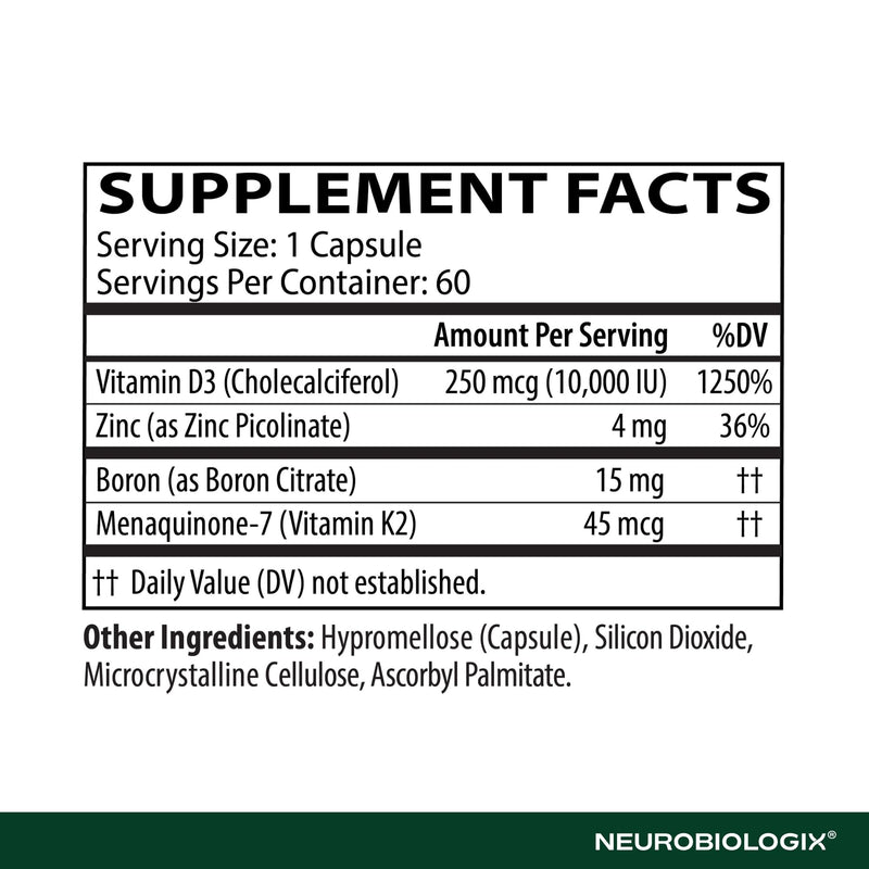 Neurobiologix Vitamin D3 + K2 Cofactor Complex, 10,000 IU, 60 Capsules | High-Potency, MK-7, Zinc & Boron, Bone Strength & Cardiovascular Support