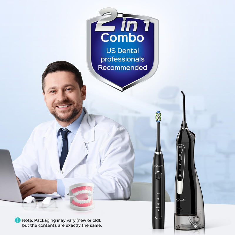 COSLUS C20 & C41 Portable Water Flosser with Electric Toothbrush Combo: 2-in-1 Oral Clean Kit for Teeth, Braces, Gums Care - Brushing & Flossing for Adults, Family, Travel Use, BPA-Free, Black - BeesActive Australia