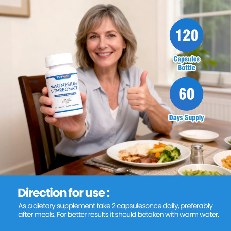 Magnesium L-Threonate 120 Capsules,Vitamin D3,Magnesium Threonate with Vitamin C,High Absorption,Non-GMO,60 Days Supply (120)
