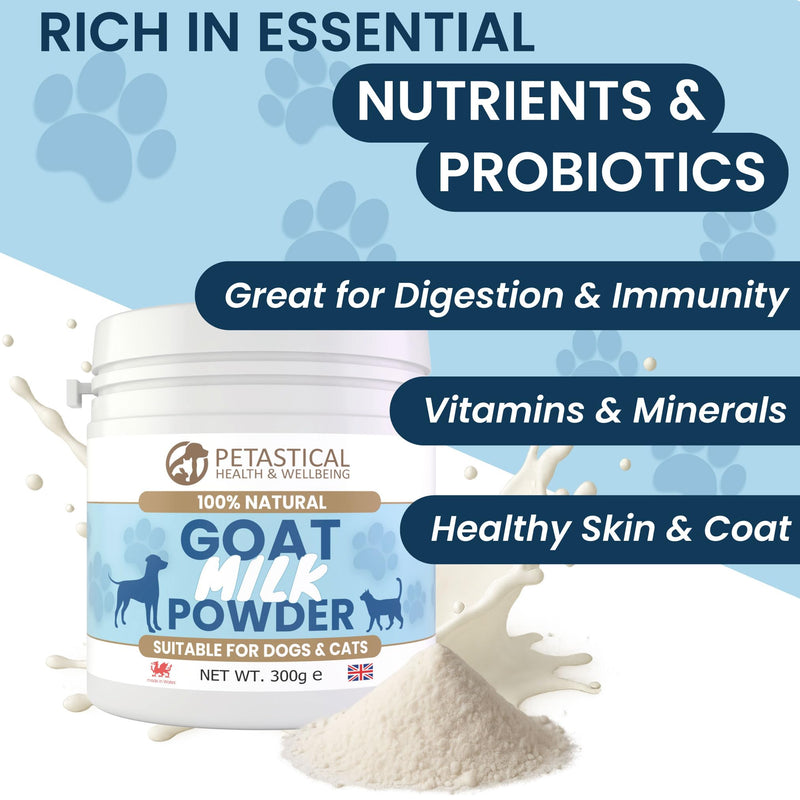 Goat Milk Powder for Dogs & Cats, 100% Natural, Rich in Nutrients & Probiotics, Tasty Food Topper or Milk Alternative, Supports Digestion, Immunity & Hydration (300g)