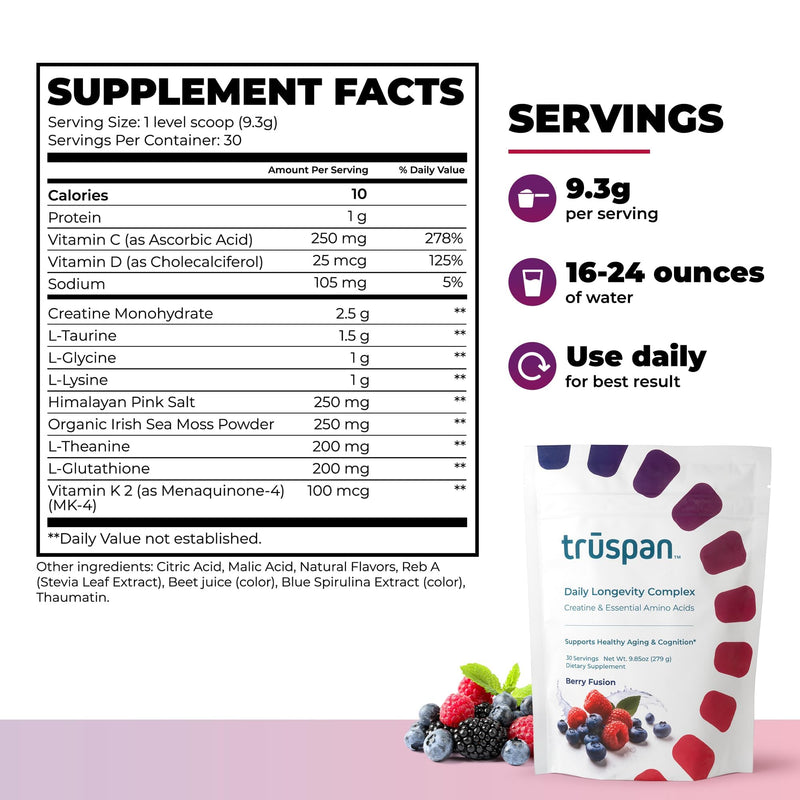TruSpan Creatine Monohydrate Powder for Men & Women, Micronized Sugar Free | 2.5g creatine monohydrate with amino acids and vitamins, muscle recovery and energy support, sugar free, 30 servings Berry Fusion 9.85 Ounce (Pack of 1)