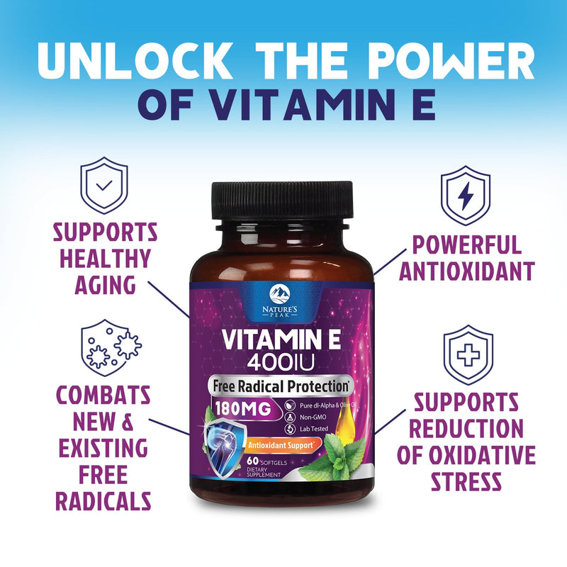 Vitamin E 180 mg Per Serving Softgels - E Vitamin DL-Alpha, Antioxidant-Rich Dietary Supplement for Skin, Heart, and Immune Support, Bottled USA, Easily Absorbed, Non-GMO & Gluten Free - 60 Softgels 60 Count (Pack of 1)