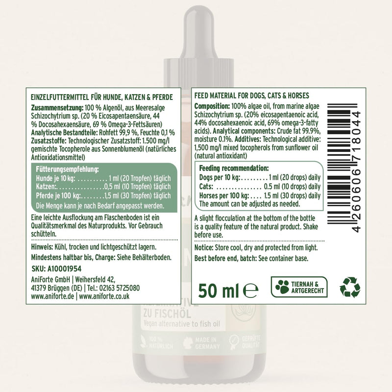 AniForte Algae Oil for dogs & cats 50 ml – Highly concentrated, vegan omega-3 oil to support joints, metabolism, skin & coat