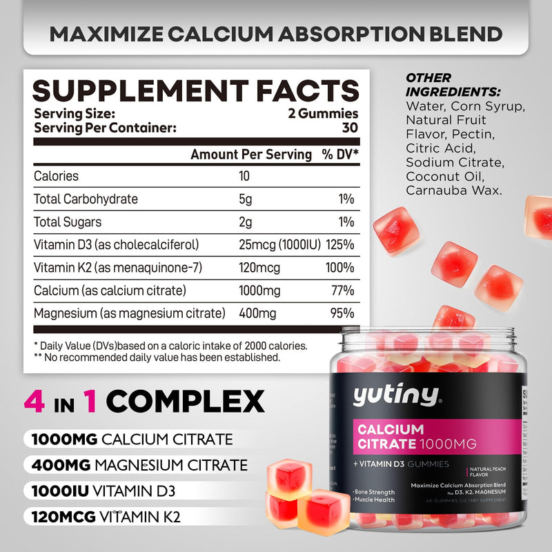 Calcium Citrate 1000mg Filled Gummies, 60 Count | Extra Absorption Calcium Citrate with Vitamin D3, K2 & Magnesium, Chewable Supplement for Bone, Muscle Health