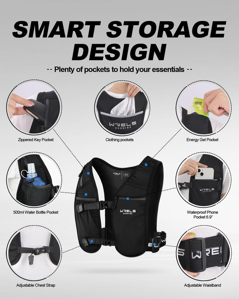 Running Vest with Running Water Bottle,Adjustable Reflective Hydration Vest with Waterproof Phone Holder for Women Men,Lightweight Water Vest for Outdoors black with 500ml soft flask Large/X-Large