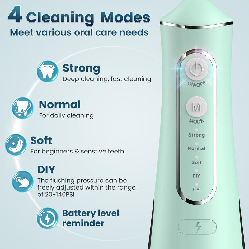 Water Flosser for Teeth Cleaning, 300ML Portable Cordless Oral Irrigator with DIY Strength, 4 Modes, IPX7 Waterproof & 30-Day Battery, 2-Min Smart Timer for Home/Travel Dental Care, Green