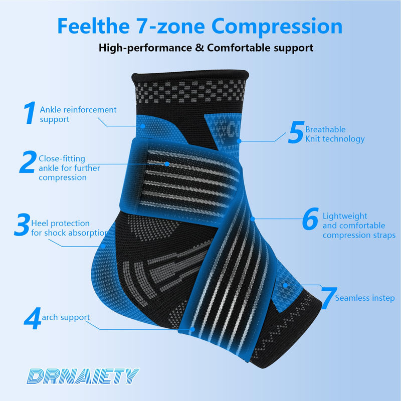 DRNAIETY Copper Ankle Brace for Men & Women - 1 Pair Adjustable Ankle Support Compression Sleeve for Plantar Fasciitis, Achilles Tendonitis, Foot Pain, Swelling, Sprains - Everyday Use (Black,L) Large Black