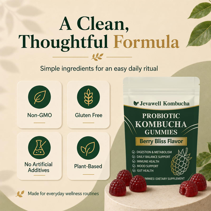 1PCSJevawell Kombucha Gummies,Enhance Immunity,60 Gummies | Jevawell Probiotic Kombucha Gummies - Prebiotics,Probiotics,Postbiotics,Slippery Elm Bark,Mct Oil for Daily Gut and Digestive 1