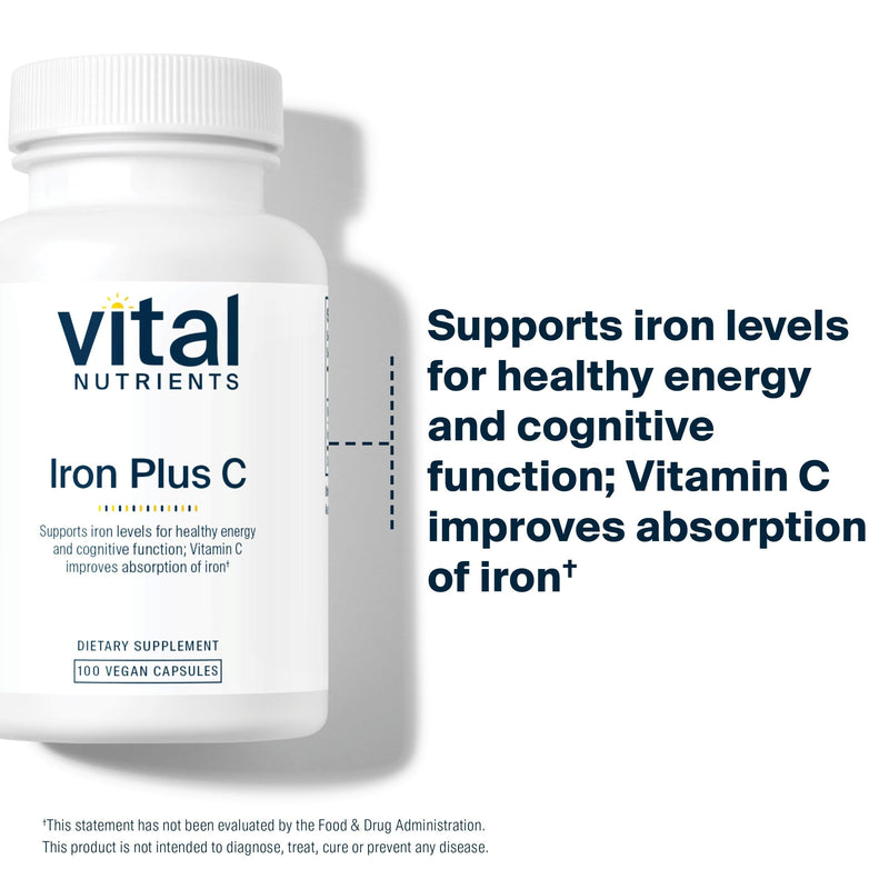 Vital Nutrients Iron Plus C - Vegan Iron Supplement - 20mg Fe with 200mg Vitamin C to Increase Fe and Energy Levels - Gluten, Dairy, Soy Free - Non-GMO - 100 Capsules