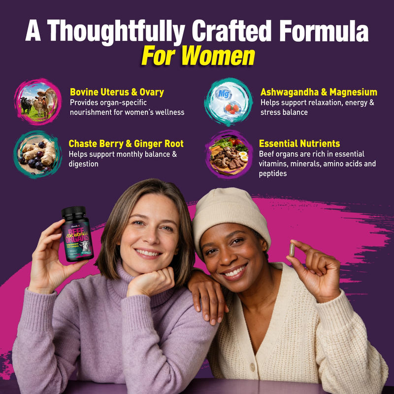 duwhot Beef Organ Supplement for Women, 90 Capsules | 10 in 1 Complex with Beef Liver, Uterus, Kidney, Heart, Support Energy & Monthly Balance, Grass Fed, Pasture Raised