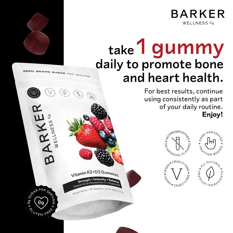 Barker Wellness D3 K2 Vitamin Gummies – Max Potency 6000IU D3 + 200mcg K2 for Strong Bones, Cardiovascular Wellness, Immune Support | Vegan, Sugar-Free, Delicious Mixed Berry | 30 Servings