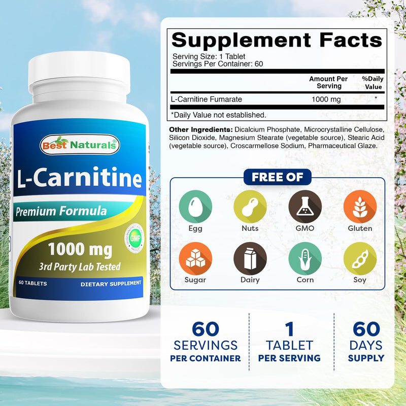 Best Naturals L-Carnitine 1000mg 60 Tablets (60 Count (Pack of 1)) 60 Count (Pack of 1)
