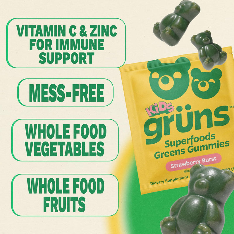 Gruns Kids Multivitamin Kids Greens Gummies, 28 ct | Daily Supplement with Vitamins, Minerals, Adaptogens, and Prebiotic Fiber Low Sugar