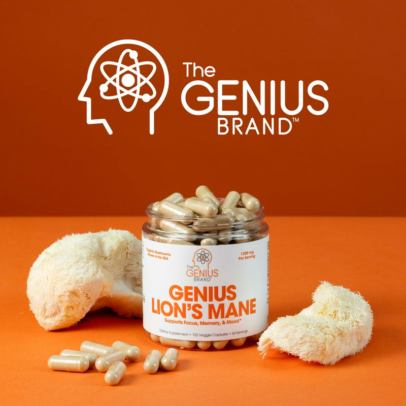 The Genius Brand Genius Lion's Mane - Plant-Based Supplement for Memory, Focus & Mood Support - Organic & Non-GMO - 120 Veggie Capsules 120 Count (Pack of 1)