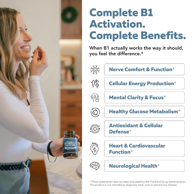 BioActive Vitamin B1 - 150mg Benfotiamine Capsules, Fat-Soluble Thiamine Supplement for Nerve, Energy & Metabolic Support with Magnesium & Alpha-Lipoic Acid - Foundational Strength, Non-GMO (60ct) 150 MG