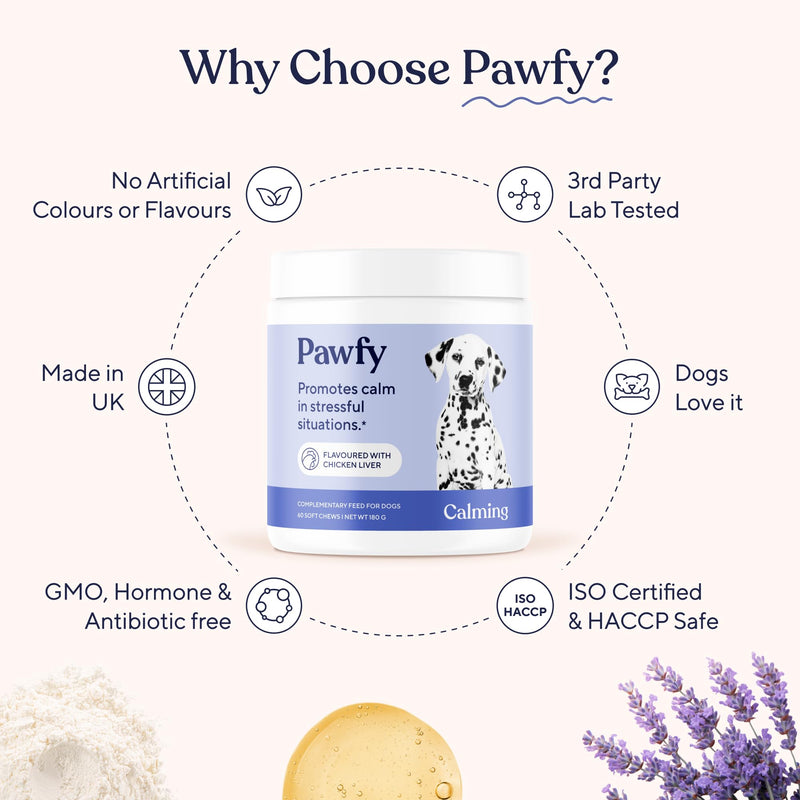 Pawfy Calming Chews for Dogs | Chamomile, Valerian Root & Passionflower Formula | Dog Anxiety & Stress Relief | Fireworks, Separation & Travel Support | All Breeds & Ages | 60 Chews (Chicken)