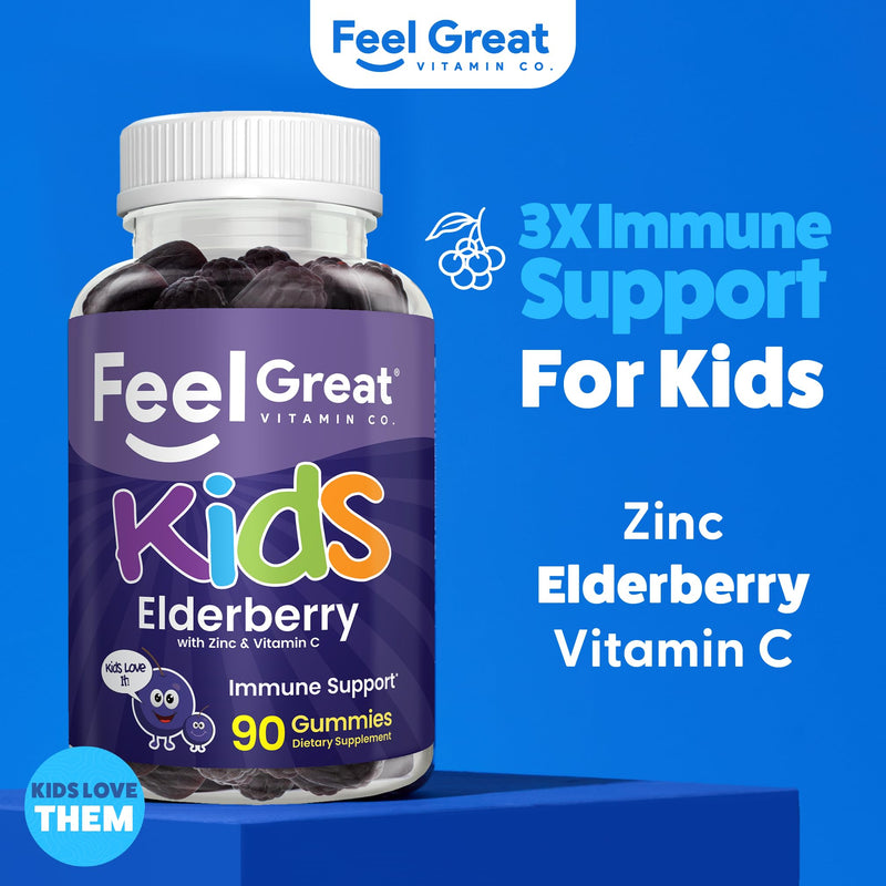 Feel Great Kids Elderberry Gummies, Vitamin C & Zinc, Immune, 90ct, 2 Pack | Triple Immune Support Formula, Vitamin C & Zinc, Vegan Elderberry Gummy for Winter Wellness 90 Count - 2 Pack