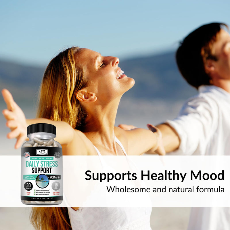 Kaya Naturals - Natural Herbal Stress Relief Support Vitamin Supplement to Relax and Calm The Mind - Boost Mood - Happy Pills - Anxiousness Support - 30 Capsules (Pack of 2) 30 Count (Pack of 2)