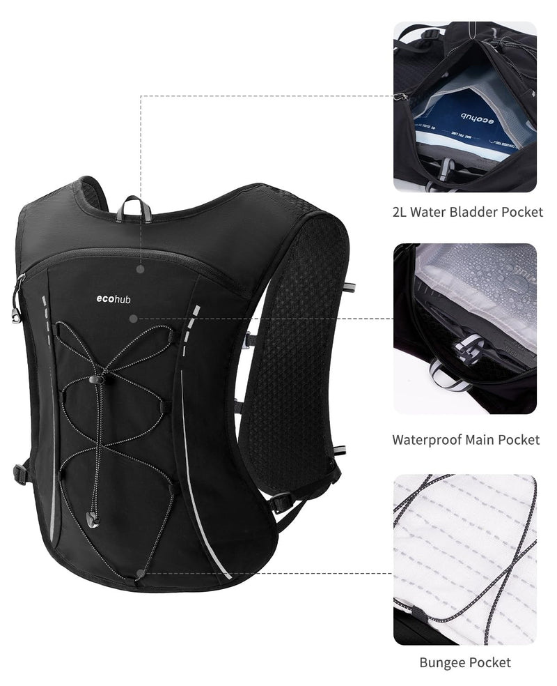 ECOHUB Running Hydration Vest Backpack,Lightweight Breathable Pack with 2L Water Bladder Bag Daypack for Hiking Trail Running Cycling Race Marathon for Women Men Black