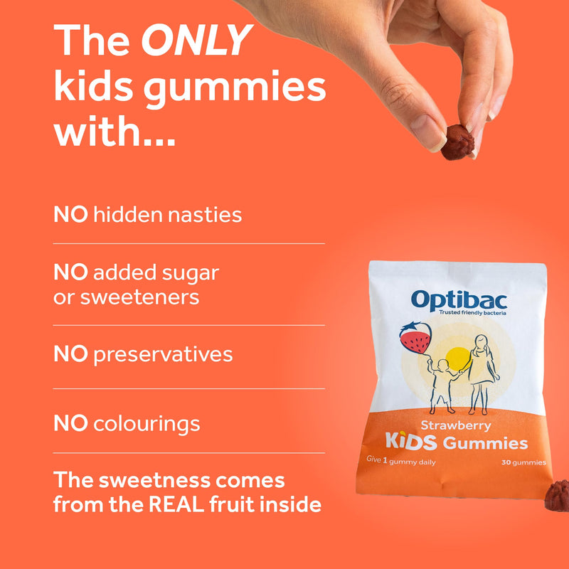 Optibac Kids Probiotics Gummies | 30 Strawberry-Flavored Probiotic Gummies for Kids with Vitamin D & Calcium | 2 Billion Live Cultures | Vegan Children’s Supplement for Digestive & Immune Health