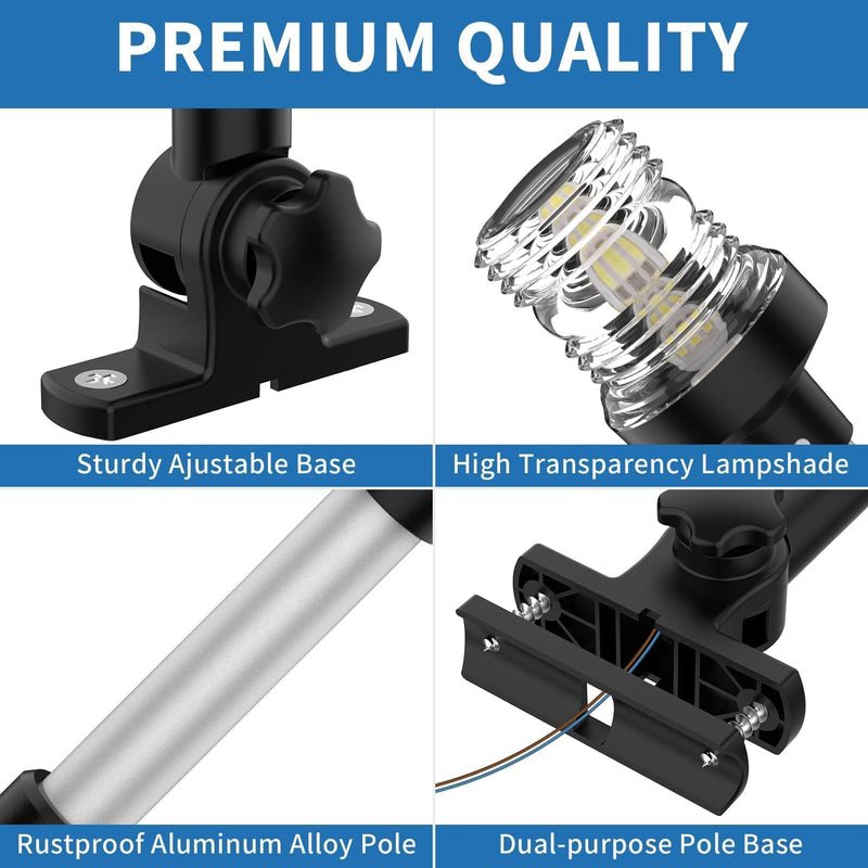 Obcursco Boat Stern Lights, 2NM 360° LED Anchor Light, IP67 Waterproof Bimini Top Lighting, Fold-Down White Navigation Lighting for Pontoon, Marine, Yacht, and Fishing Boats(18'' Horizontal Swing) 18''Horizontal Swing