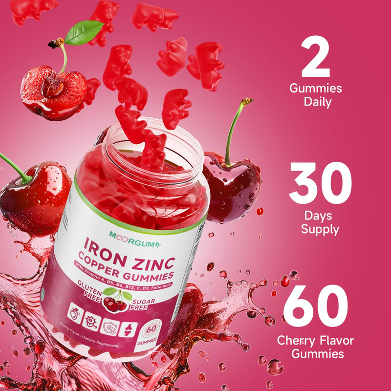Iron, Zinc, Copper Supplements for Women & Men, Mineral Gummies with Vitamin A, B5, B6, C, D3, B12 for Adults, Kids, Promote Energy, Support Immunity, Bone Health, Sugar Free, Cherry Flavor, 120 Count 60 Count (Pack of 2)
