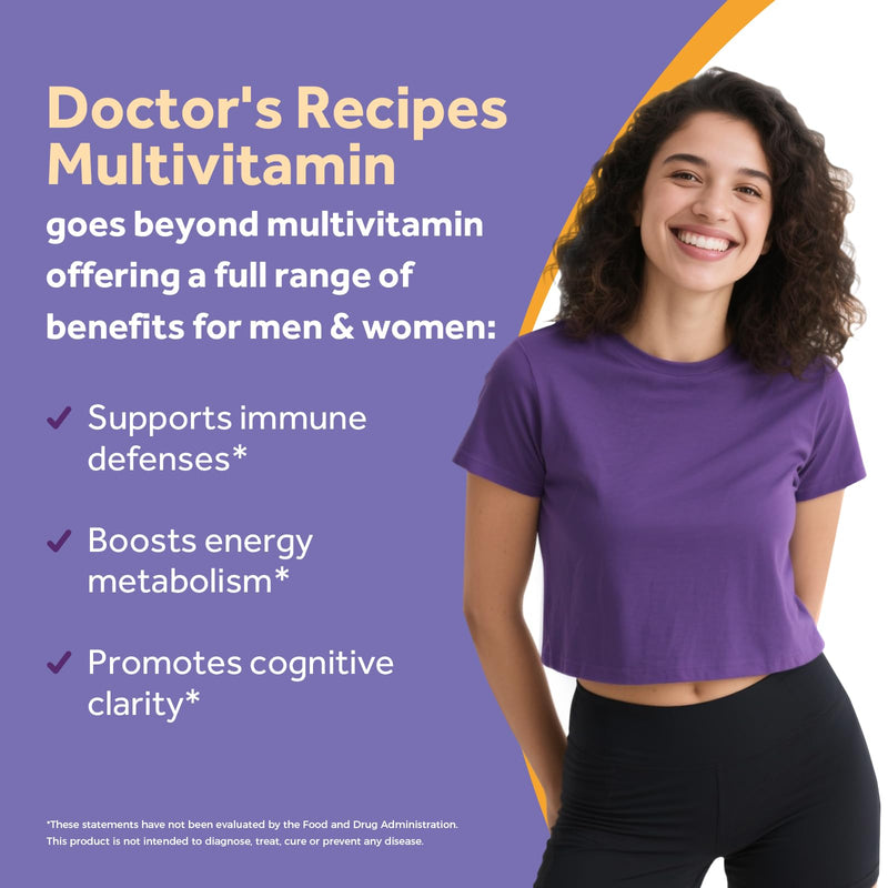 Doctor's Recipes Multivitamin for Women & Men, Immune, Energy & Brain Health Support, Vitamin A, C, D3, E, B6, B12, Folic Acid, Iron, Zinc, Copper, Selenium & Iodine, No Gluten, Non-GMO, 180 Tablets 180 Count (Pack of 1)