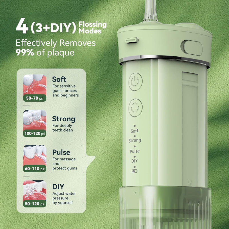 Portable Mini Water Dental Flosser for Teeth Cleaning Pick,Travel Oral Irrigator with Telescopic Water Tank,4 Modes and Waterproof Design-Perfect for Braces,Bridges,Home&Travel Dental Care Green