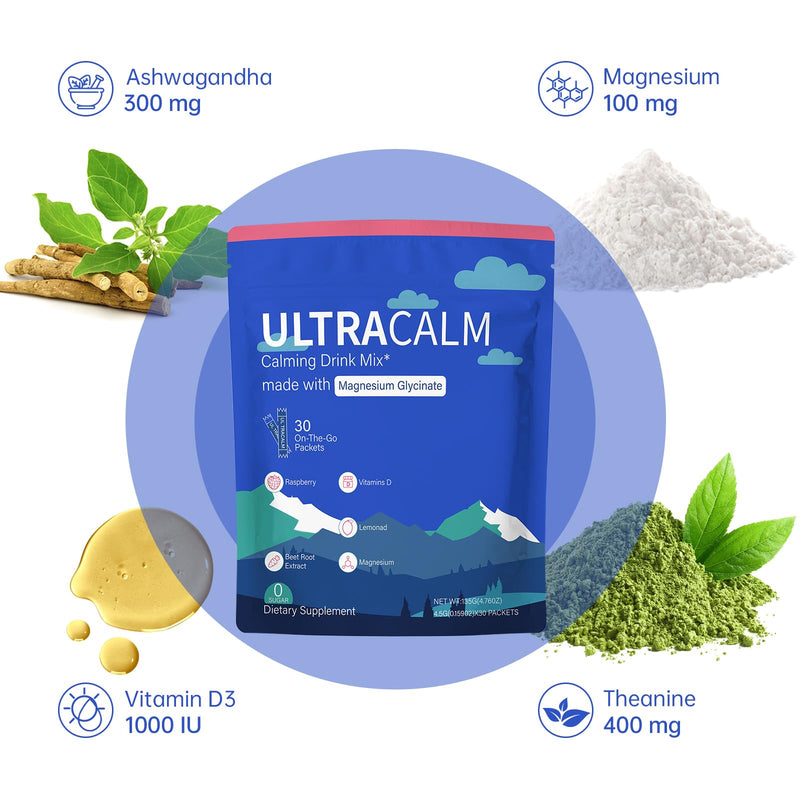 UltraCalm Super Calm Cortisol Drink, Magnesium Glycinate Powder with Ashwagandha L-Theanine Vitamin D3, Calm Magnesium Powder for Stress Relief Sleep Support, Raspberry Lemonade (30 Servings)
