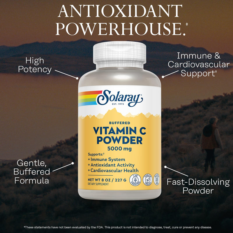 SOLARAY Vitamin C Powder 5000mg - Buffered Vitamin C with 570mg Calcium - Antioxidant and Immune Support Supplement, Heart Health Support - Vegan, Gluten Free, 60-Day Guarantee, 37 Servings, 8oz White