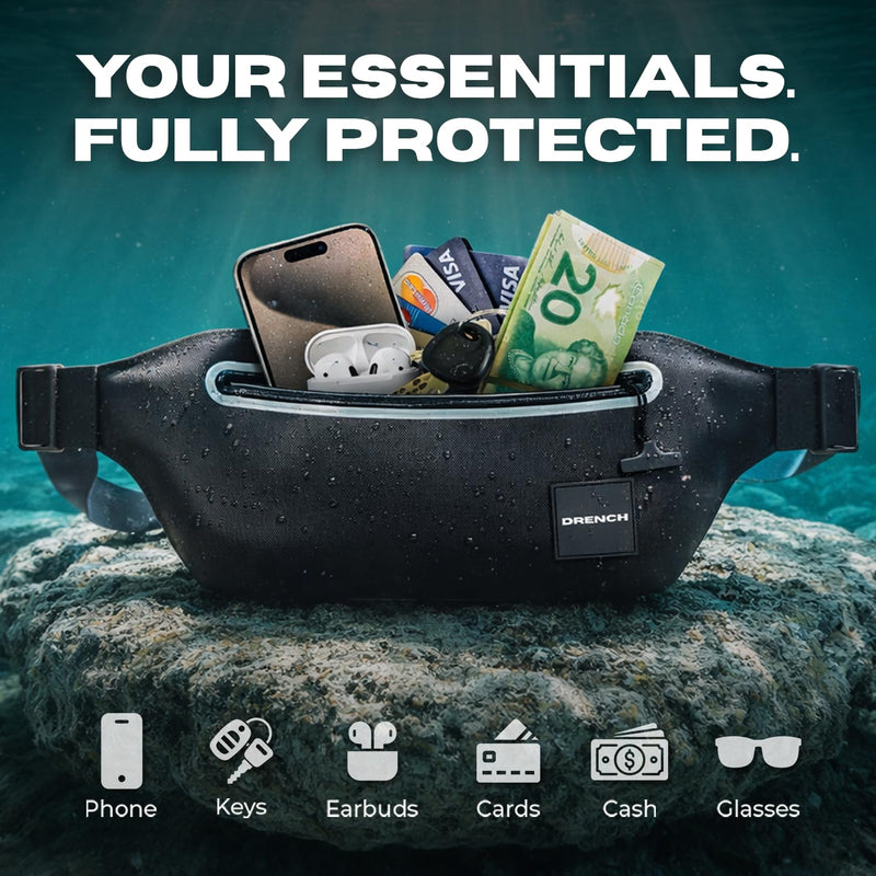 Drench 100% Underwater Waterproof Fanny Pack. Waist Pack. Submersible Waterproof Phone Pouch. Dry Bag for Swimming, Boating, SUP & Snorkelling. Underwater Phone case. Floating Belt Bag Black Fanny Pack - BeesActive Australia