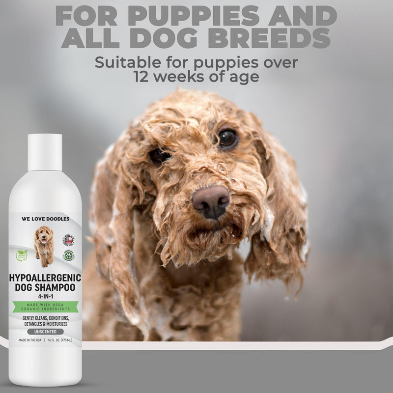 We Love Doodles Hypoallergenic Dog Shampoo, Conditioner & Detangler and Pet Bath Brush - Organic Ingredients, Sensitive Skin & Allergies, Made in USA, Grooming Brush for Shower Scrubbing & Soothing - PawsPlanet Australia