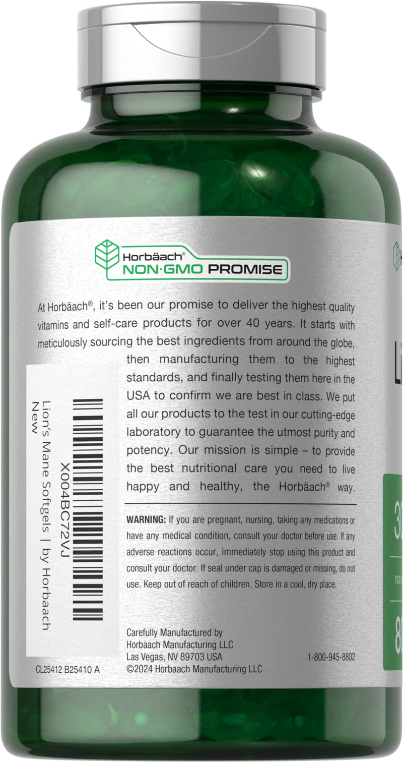 Horb√§ach Lions Mane Supplement | 3000mg | 80 Absorbable Softgels | Non-GMO & Gluten Free Extract - BeesActive Australia